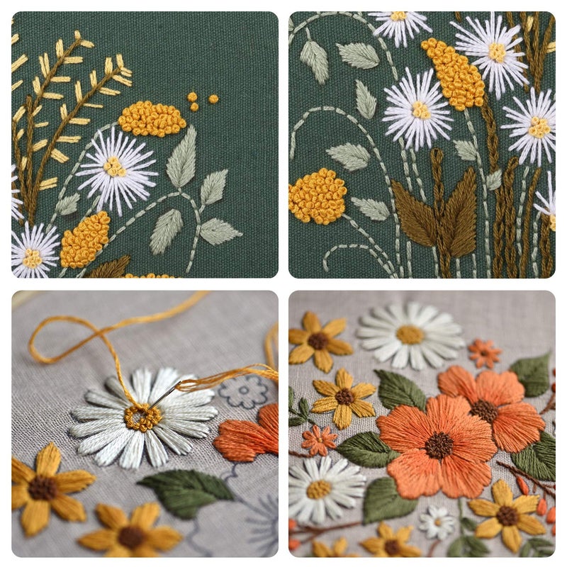 FEPITO 2 Sets Full Range Embroidery Starter Kit with Pattern and Instructions Cross Stitch Kit Includes 2 Pcs Embroidery Clothes with Floral Pattern, 1 Pcs Plastic Embroidery Hoops, 1 Pcs Scissor - Image 5
